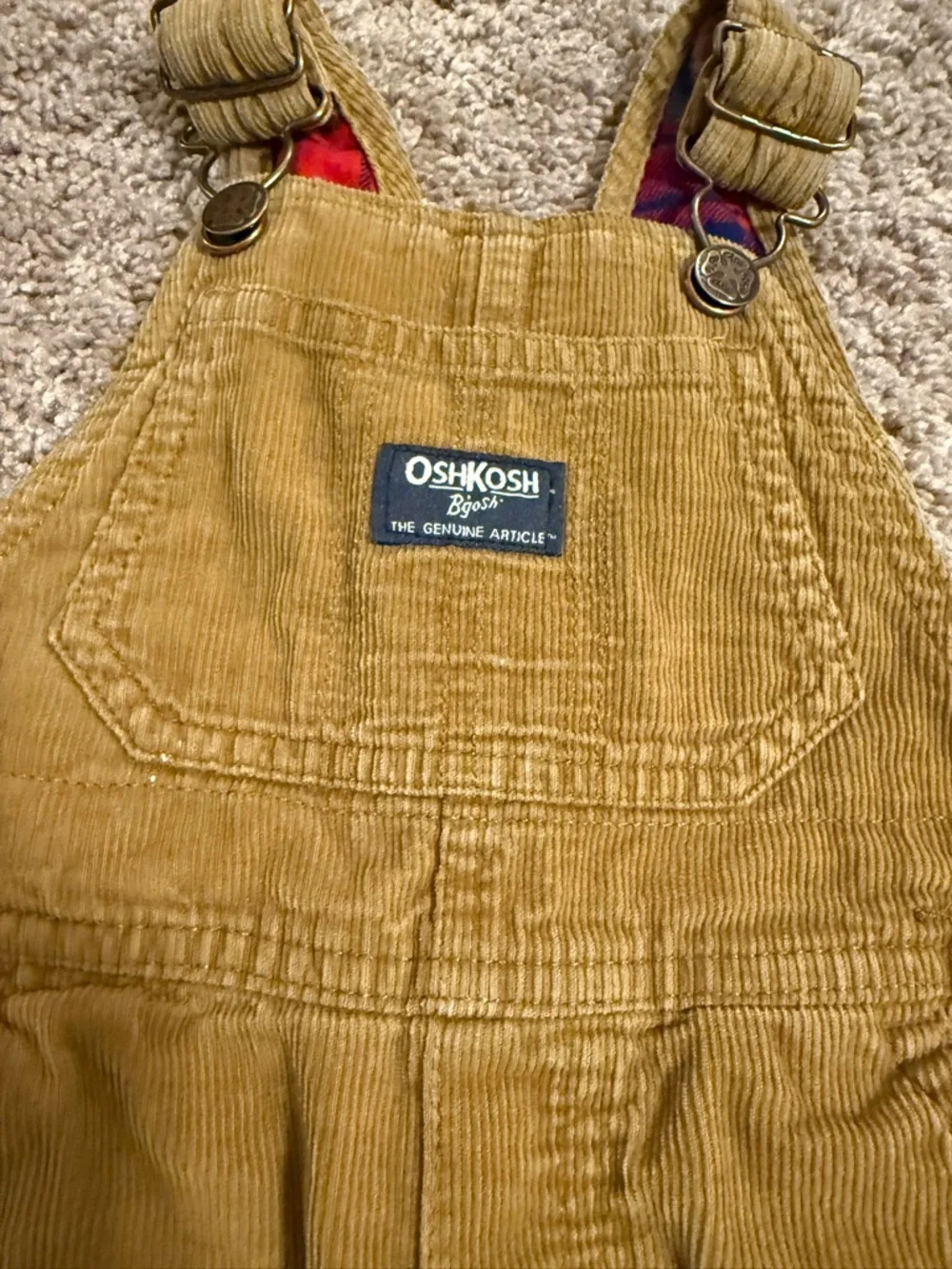 OshKosh B'gosh cognac brown Corduroy Overalls plaid flannel lining
